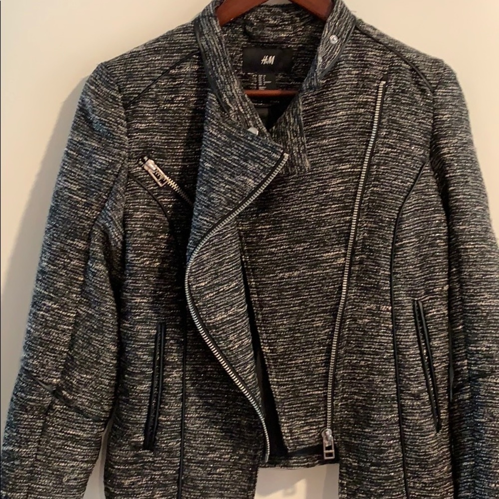 HM METALLIC BLAZER LEATHER PIPING MOTO JACKET SZ 4